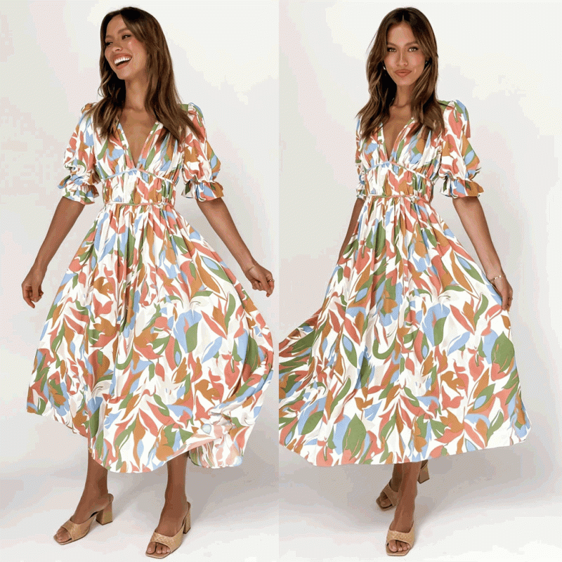 Spring Summer Digital Floral Print Fresh Sweet Mid-Length Dress - Image 5