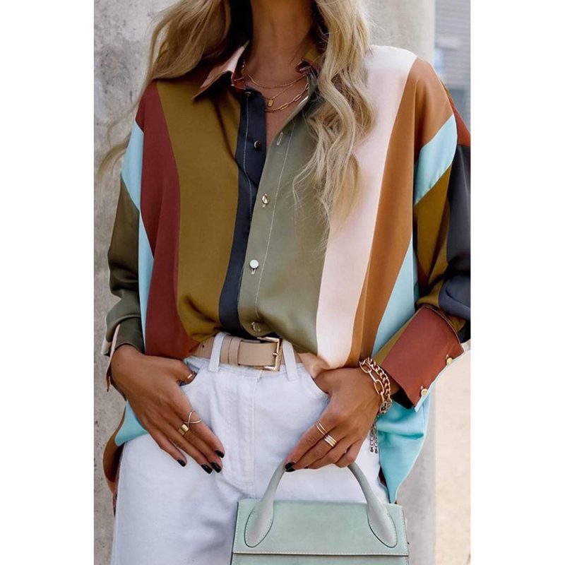Multi Color Stripe Color Block Long Sleeved Shirt Women Collared Single Breasted Shirt - Image 4