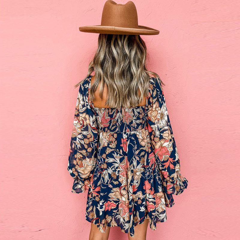 Blue Floral Layered Long Sleeved Dress Women Tight Waist V neck Knee Length - Image 3