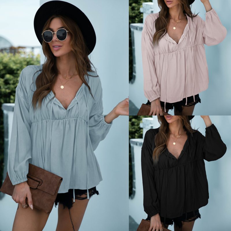 Summer Solid Color V-neck Lace-up Pleated Top - Image 2