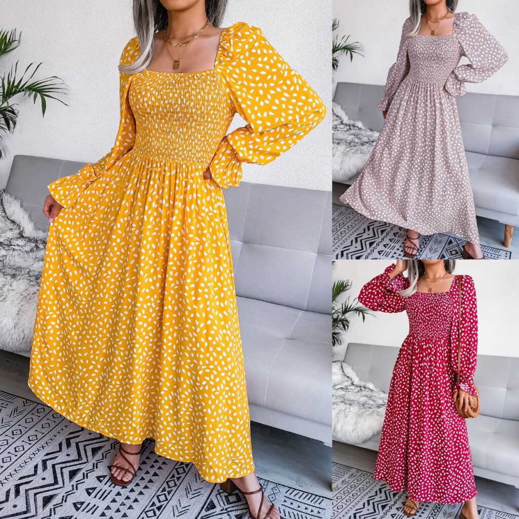 Autumn Winter Square Collar Long Sleeve Holiday Rayon Dress Pleated Dress   Women Clothing - Image 5