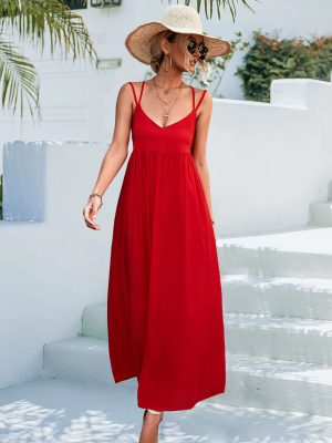 Spring Summer Sexy V neck Backless Strap Dress Beach Dress