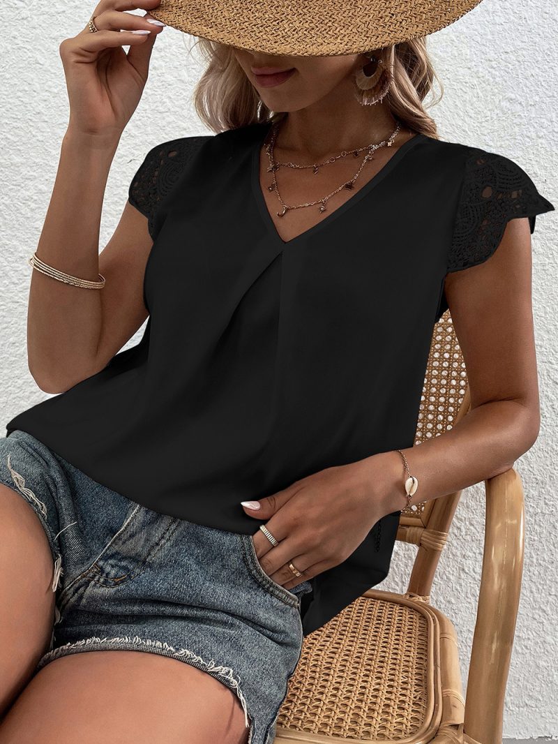 Summer Women Clothing Cutout Lace V neck Patchwork Short Sleeved Top Women - Image 3