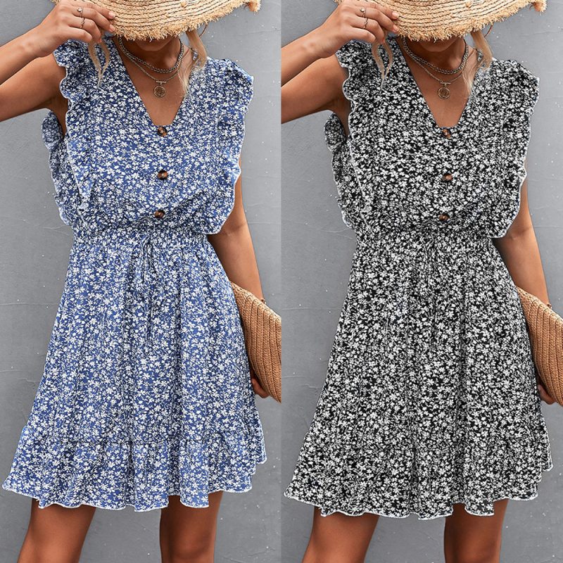 Spring Summer V-neck Buttons Ruffle Sleeve Waist Dress Short - Image 5