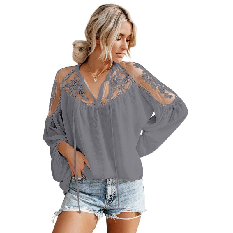 Sexy See-through V-neck Lace Shirt Chiffon Shirt Delivery - Image 4