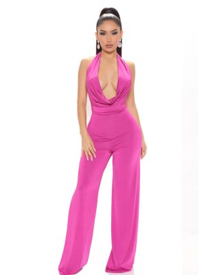 Summer Sexy Women Clothing Deep V Plunge Halter Backless Waist Wide Leg Jumpsuit