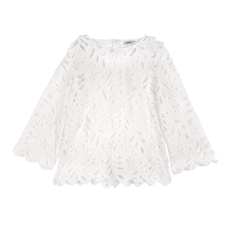 Design round Neck Loose Hollow Out Cutout out Crocheted Outer Wear Nine-Quarter Sleeve Shirt Blouse Women Lace Shirt - Image 5