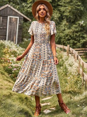 Bohemian Large Swing Dress Spring Summer Waist Slimming Slimming Dress Women