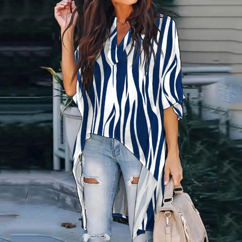 Summer Women Clothing Printed V-neck Batwing Sleeve Casual Irregular Asymmetric Shirt - Image 2