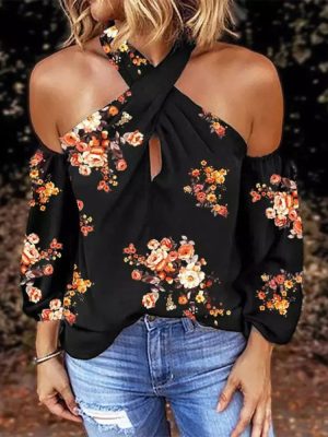 Summer Printed Long Sleeve Halter Sexy Backless Loose Top Women