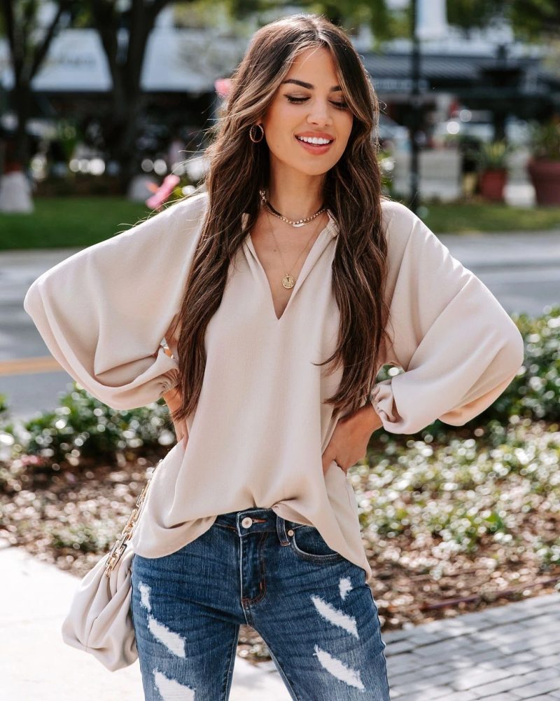 New Spring Autumn Women Clothing Cool Long Sleeve Shirt Solid Color Comfort Casual V-neck Loose Top Women Clothing - Image 3