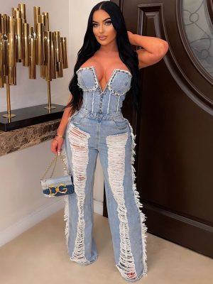 Summer Sexy Cutout Ripped Long Zipper Wrapped Chest Cowboy Siamese Clothes for Women