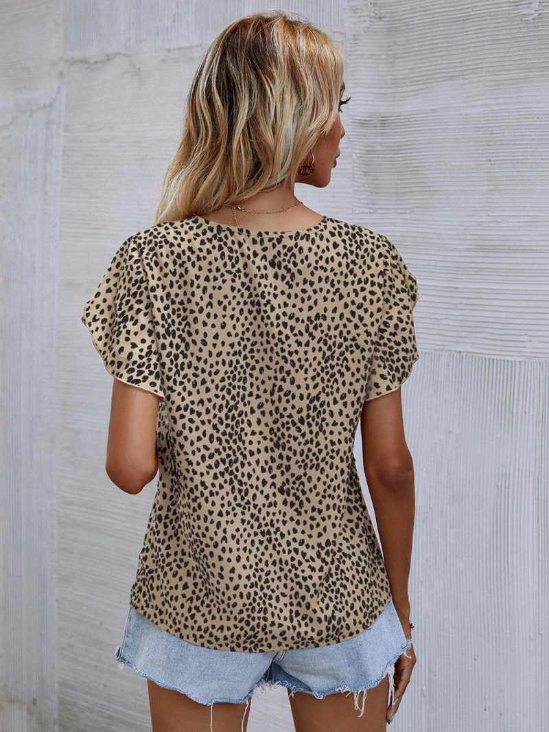 Short Sleeve Leopard Print Shirt Women  Summer Office V neck Cross Sleeve Top - Image 4