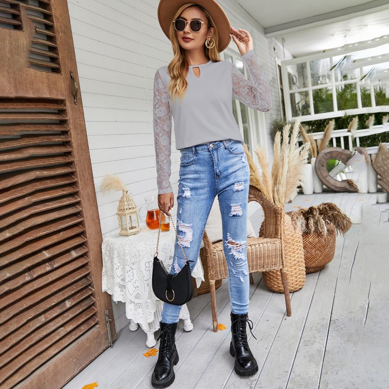 Autumn Winter Lace Stitching Coat Multi Color Knitwear for Women Thin Slimming Long Sleeve T shirt - Image 4