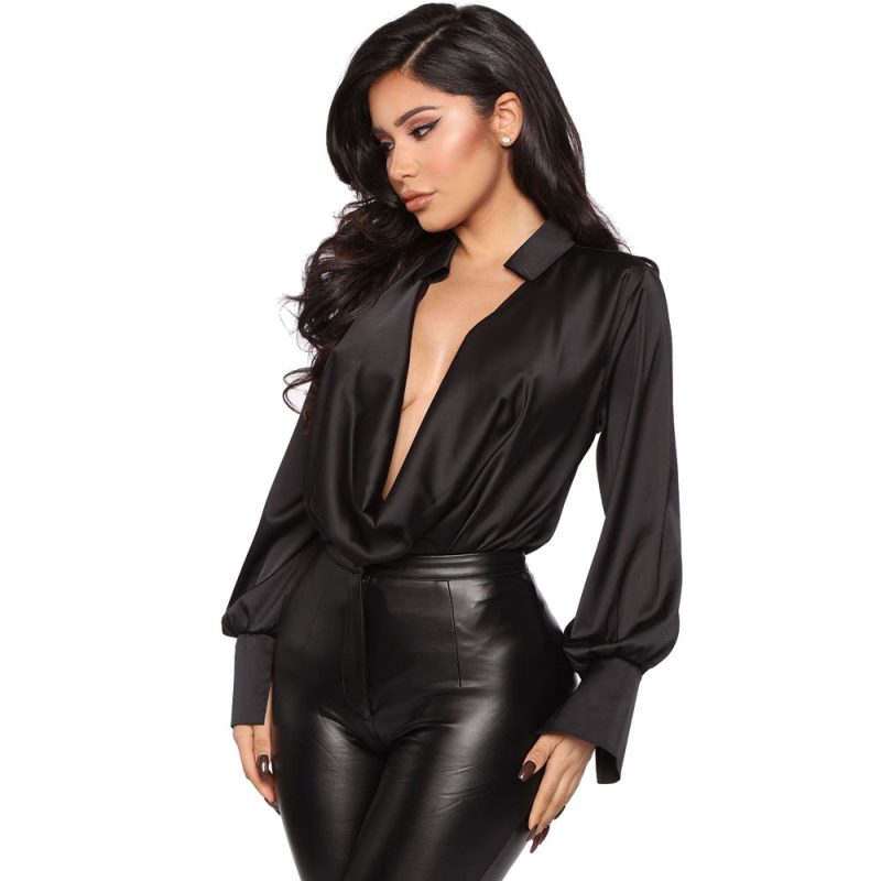 Simple Autumn Women Shirt Sexy Large V-neck Shirt Satin Casual Wild Women Shirt - Image 2