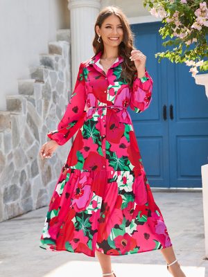 Women Clothing Autumn Winter Floral Single Breasted Wide Hem Long Sleeve Dress