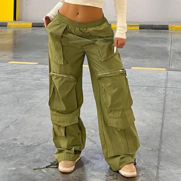 Street Large Loose Pockets Zipper Woven Pants Elastic Waist Drawstring Pants Foot Workwear Casual Trousers