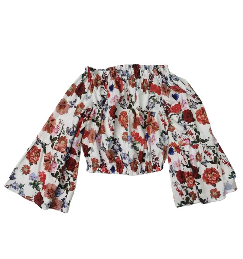 Fall Pink Women Clothing Street Hipster off-Neck Bell Sleeve Loose Printed Chiffon Shirt - Image 5