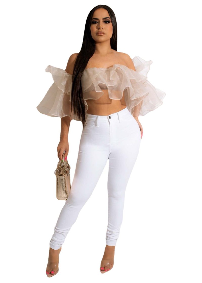 Sexy off-the-Shoulder Short Sleeve Density Mesh Shirt Short Top Women Clothing - Image 3
