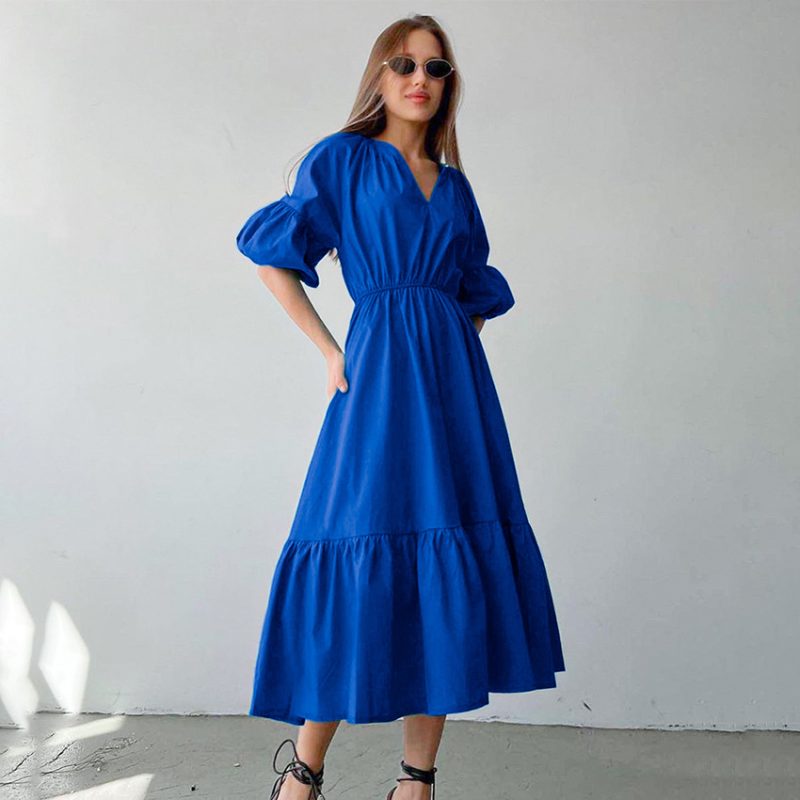 Summer Office Klein Blue Puff Sleeve High Waist A- line Dress Maxi Dress Fashionable Simple Women Dress - Image 2
