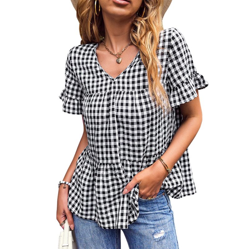 Plaid Women Top Summer Short Sleeve Ruffled Elegant Small Babydoll Shirt - Image 4