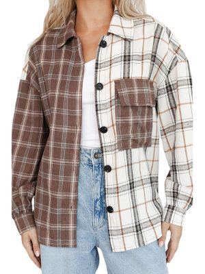 Brown Mixed Plaid Soft Large Profile Shirt Women Loose Shirt