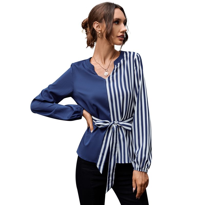 Autumn Spring New V-neck Elegant Stitching Color Block Shirt - Image 4