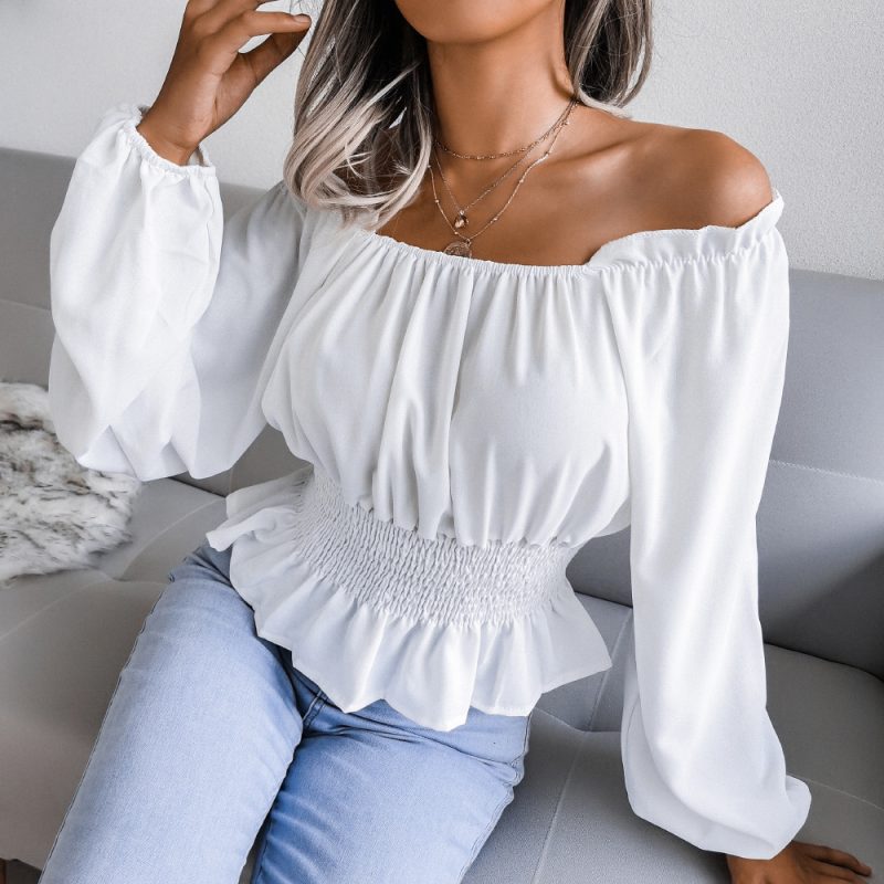 Real Shot Autumn Winter Sexy Off Shoulder Off Shoulder Hem Ruffled Chiffon Shirt Top Women Clothing - Image 2