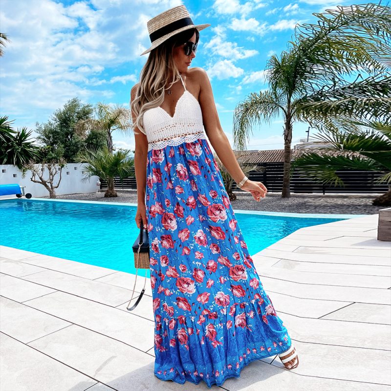 Spring Summer Sexy Floral  Women Crochet Bra Halter Maxi Dress - Image 2