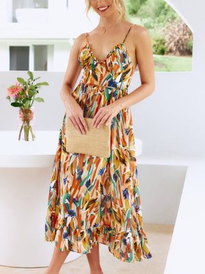 Summer Sexy V-neck Women Printed Chiffon Cami Dress