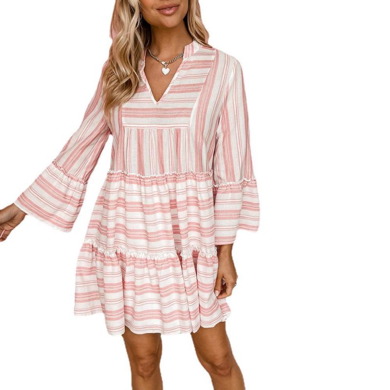 Spring Summer Women Floral Print V-neck Flared Long Sleeve Stitching Casual Swing Babydoll Dress - Image 5