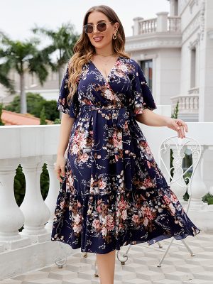 Plus Size Summer V neck Dark Blue Printed Dress