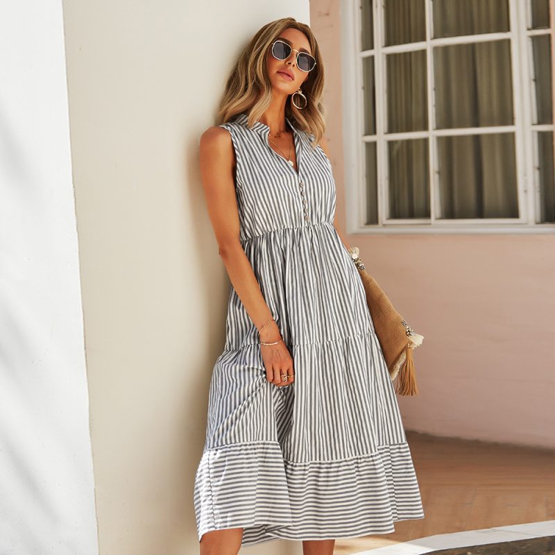 Shirt Collar Waist-Controlled Large Hem Dress Summer Stripes - Image 3