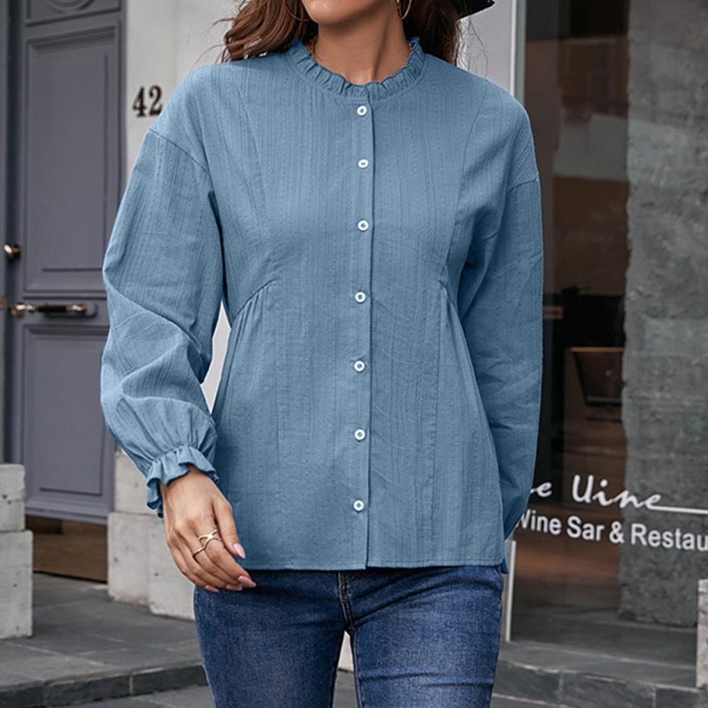 Office Slim Fit Ruffled Long Sleeve Stringy Selvedge Stand-up Collar Single-Breasted Shirt Pure Cotton Shirt Top for Women - Image 2