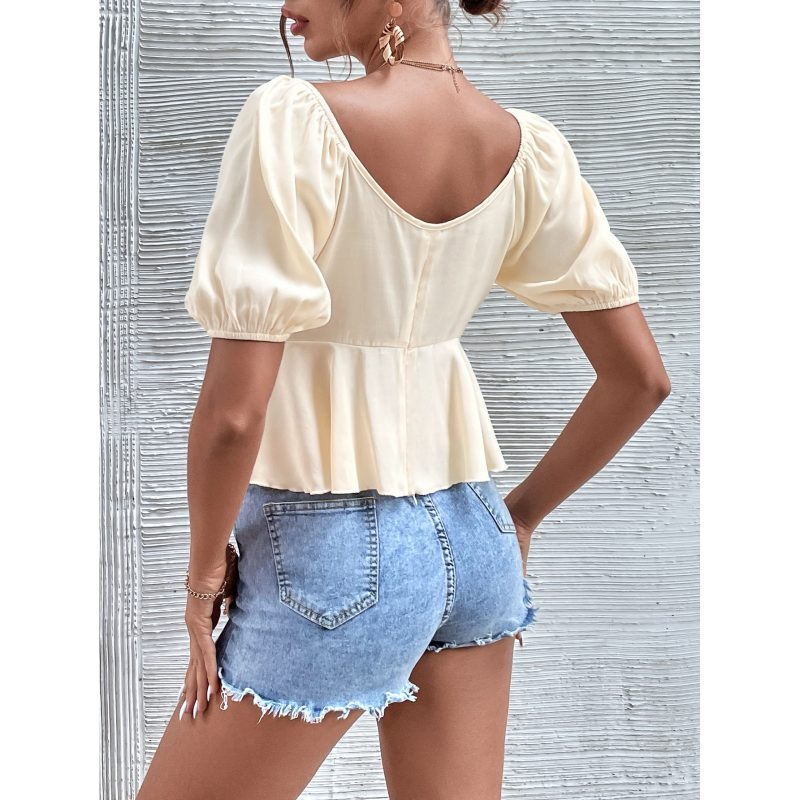 Women  Clothing Exclusive V neck Top Backless Short Sleeve Tied Shirt - Image 2