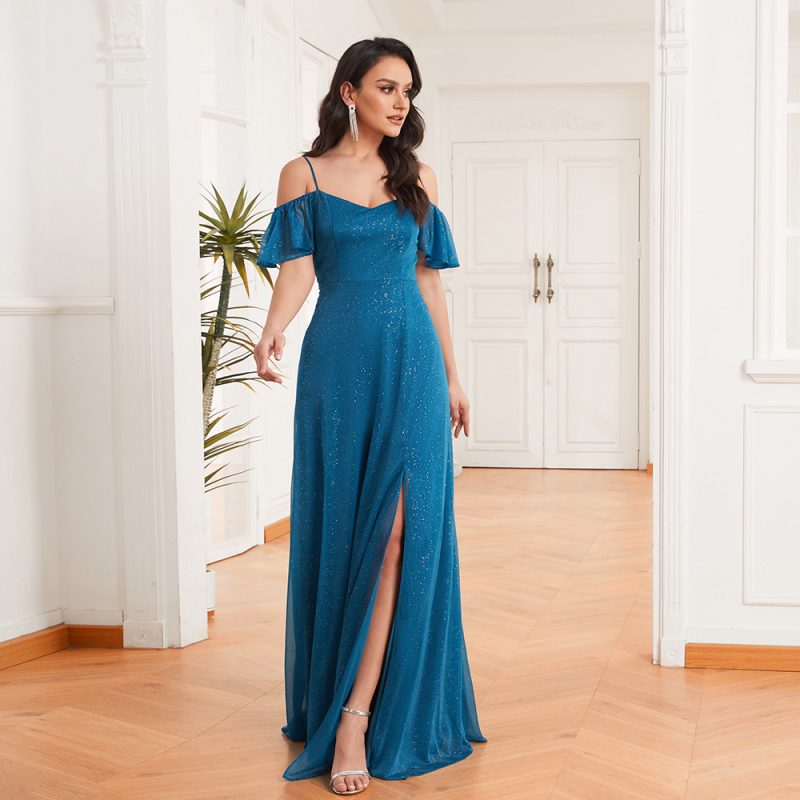 Spring Summer Off The Shoulder A Swing Side Slit Shiny Chiffon Dress Camisole Ruffled Party Dress - Image 3