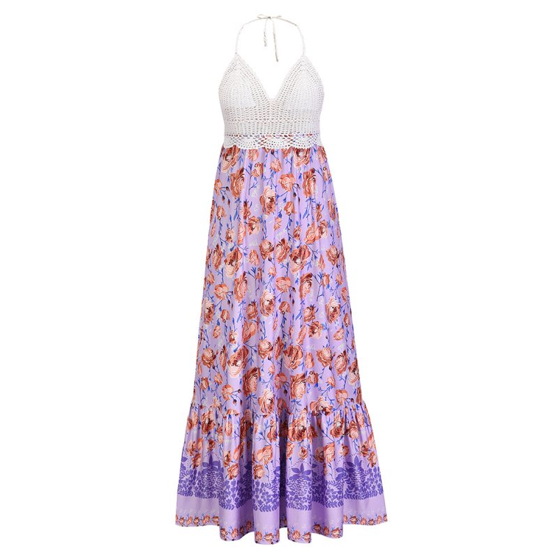 Spring Summer Sexy Floral  Women Crochet Bra Halter Maxi Dress - Image 3