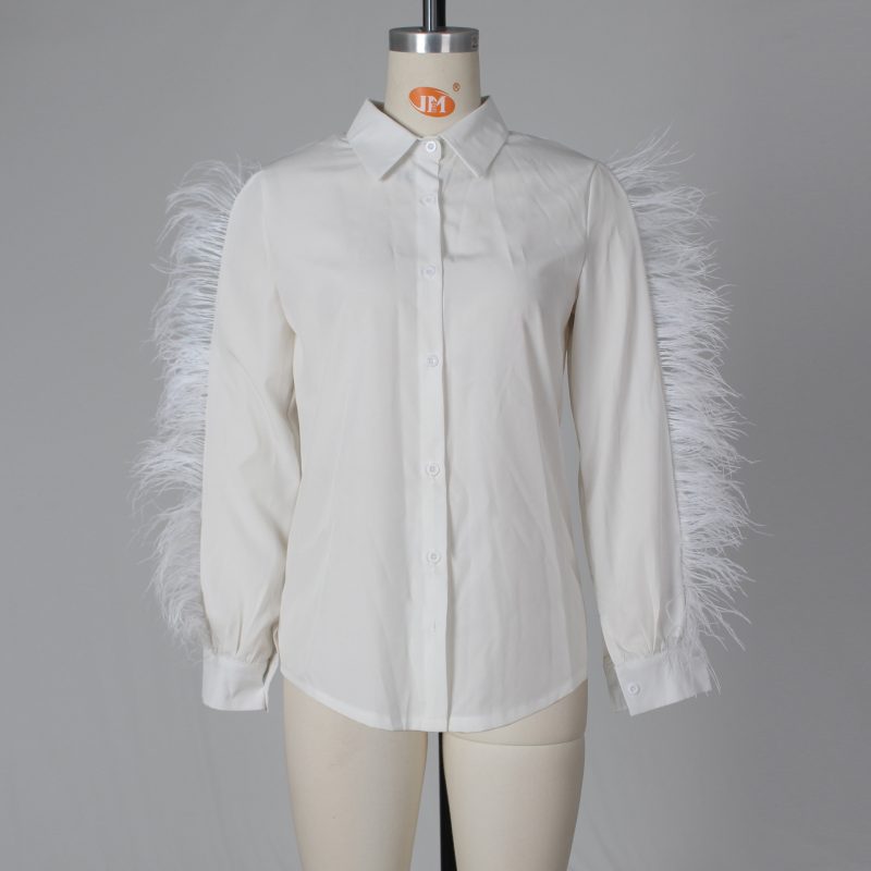 Spring Women Clothing Luxury Ostrich Feather Decorative Shirt - Image 3