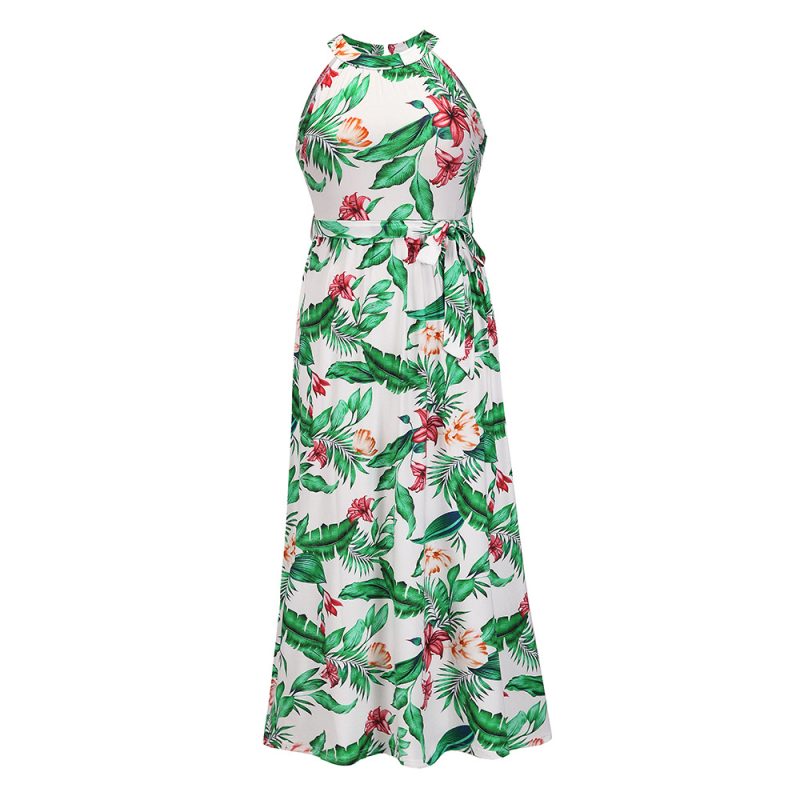 Women Clothing plus Size Dress Summer Bohemian Vintage Printed Halter Belt Beach Maxi Dress - Image 4