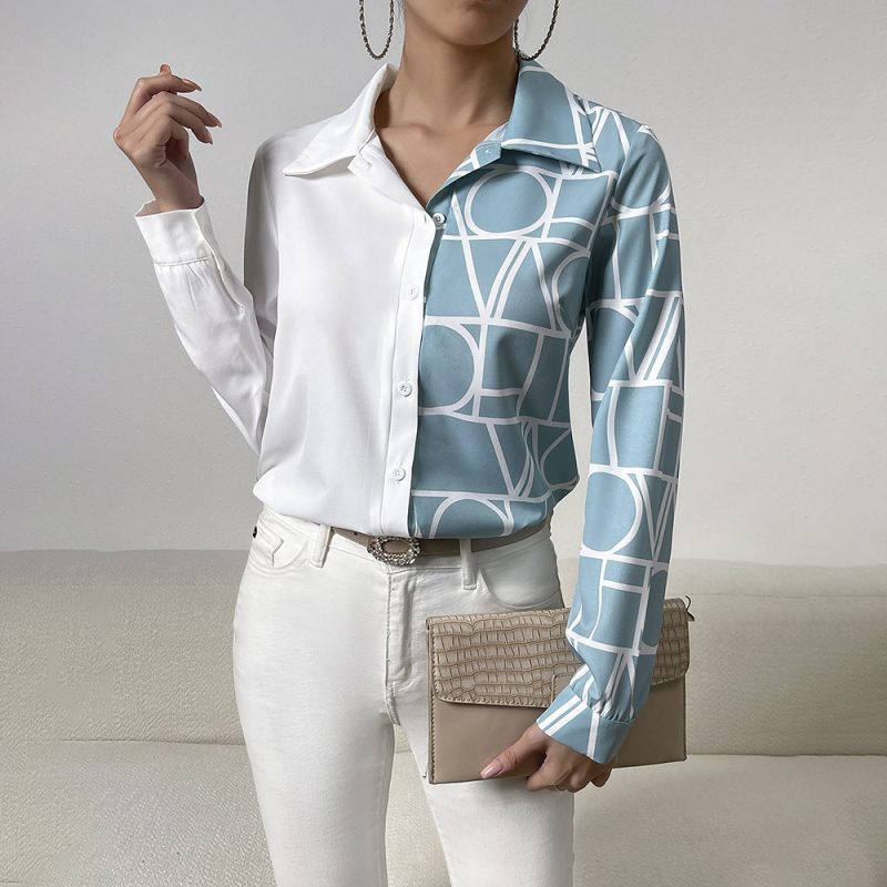 Design Contrast Color Long Sleeves Shirt Women Spring Summer Office Shirt - Image 3