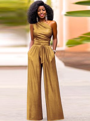 Spring Summer Slim Wide Leg Diagonal Collar Sleeveless High Waist Jumpsuit