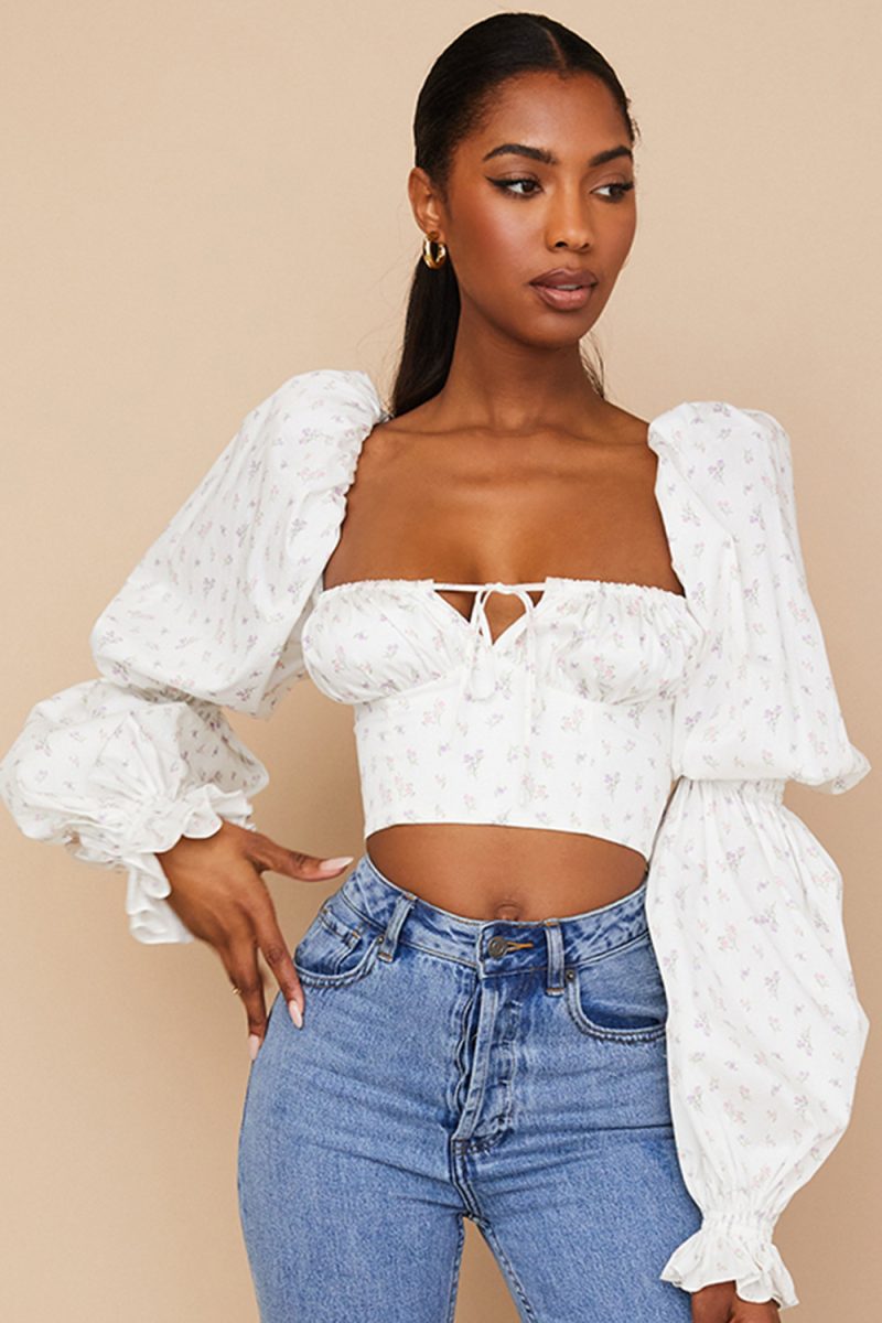 Floral Digital Printing Women Sexy Square-Neck Long Sleeve Autumn Wear Top Lantern Sleeve T-shirt - Image 3