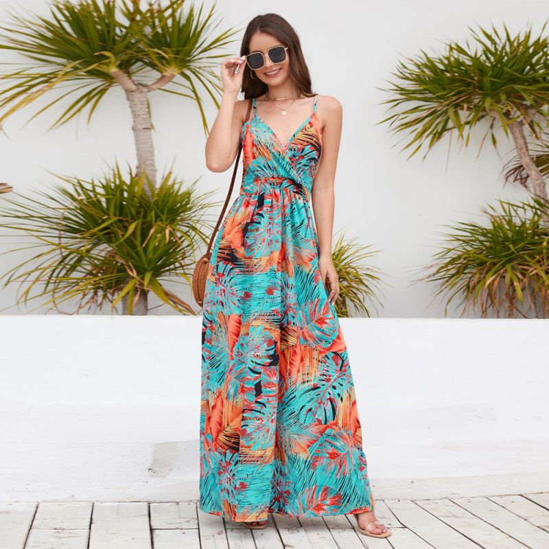 Women  Bohemian Printed Maxi Dress Sexy V neck Strap Dress - Image 3