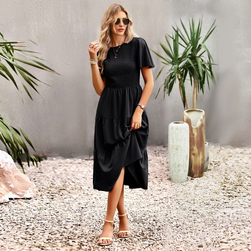 Waist Tight Slimming Large Hem Dress Spring Summer round Neck Smocking Vacation Dress - Image 3