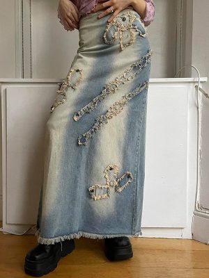 Retro Elegance Asymmetric Burr Patch Distressed Loose Skirt A Line Denim Skirt