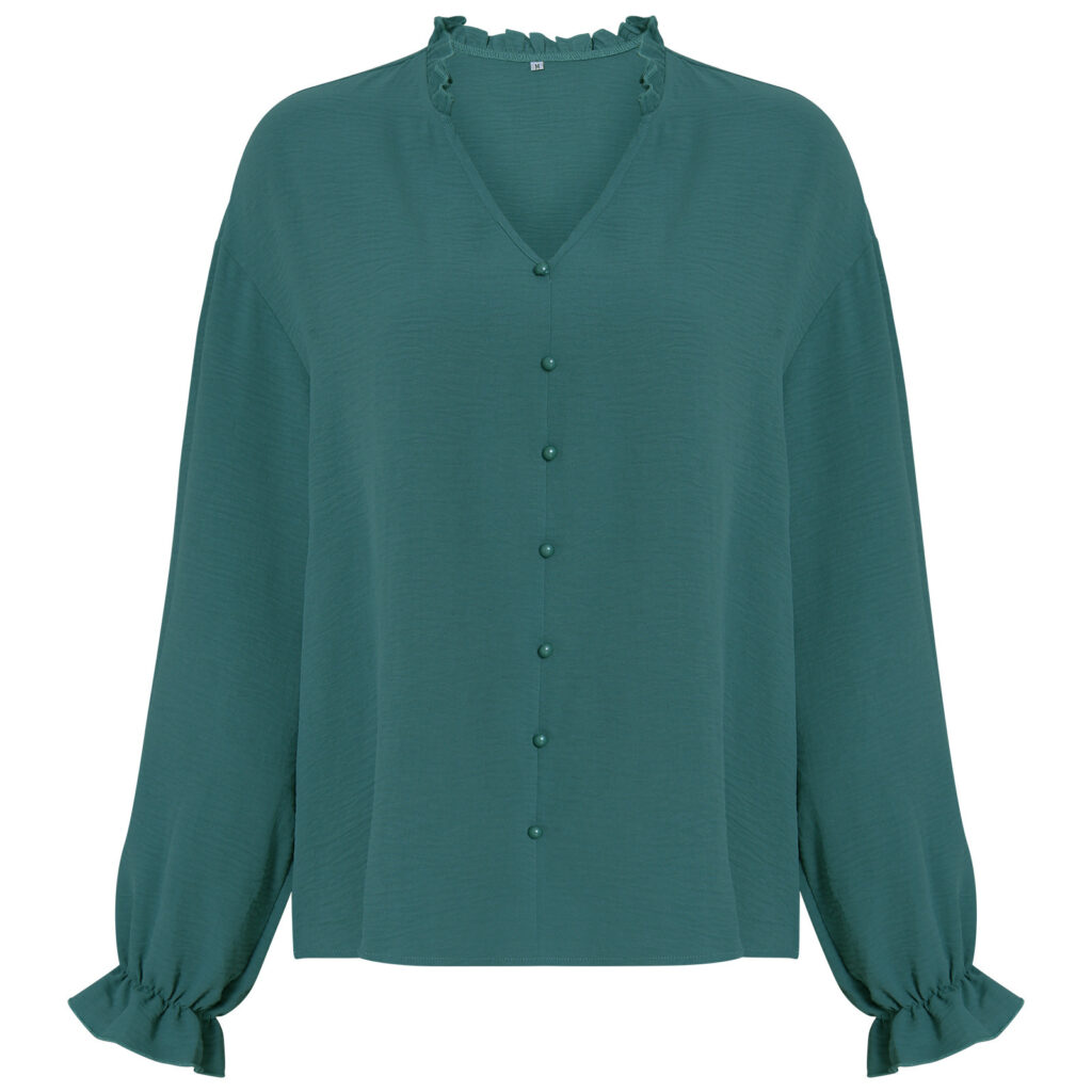 Autumn Winter V-neck Top Women Fastener Decoration Solid Color Shirt - Image 4