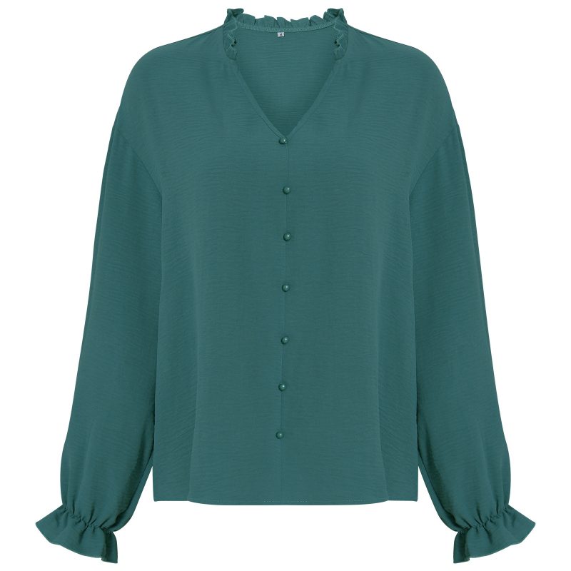 Autumn Winter V-neck Top Women Fastener Decoration Solid Color Shirt - Image 4