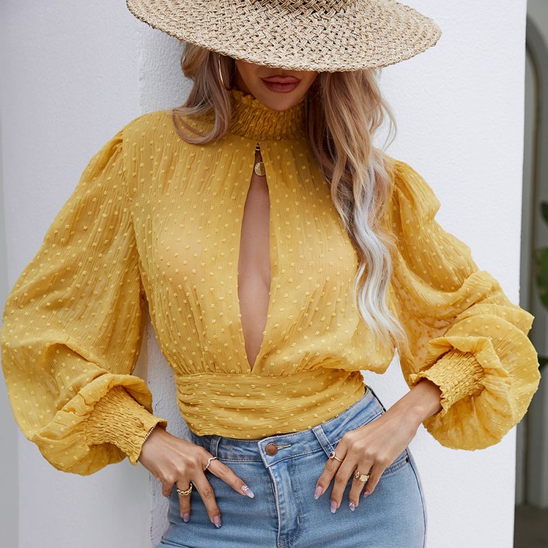 Women Spring Summer Vacation Chiffon Shirt Lantern Long Sleeve Pleated Lace up Casual Top - Image 4