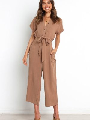 Summer Solid Color Pocket Sexy V Neck Cropped Wide Legged Jumpsuit Women