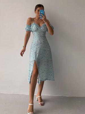 Summer Women0 Clothes Sexy V-neck Floral French Strap Dress